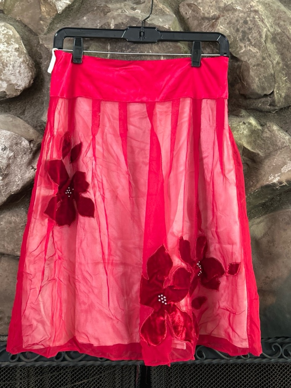 Red Floral Sheer A-Line Skirt